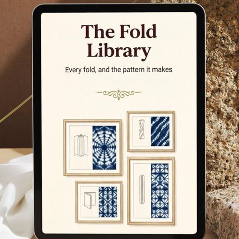 Bonus 2: The Fold Library shown on a tablet, pairing fold diagrams with the indigo patterns they produce