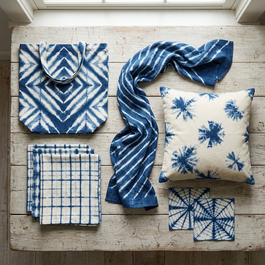 An overhead spread of finished indigo pieces on weathered wood: a patterned tote, folded napkins, a draped scarf, a cushion cover, and two spiderweb-patterned cloths