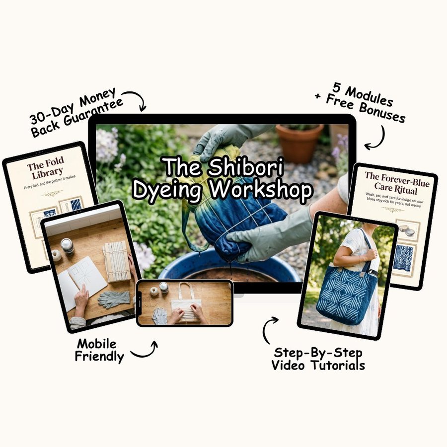 The Shibori Dyeing Workshop shown across a laptop, tablet, and phone alongside two of its printed guides