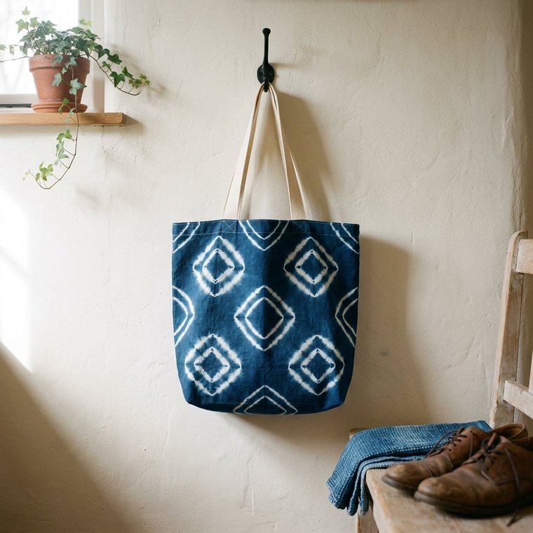 A finished indigo tote hanging from an iron hook on a plaster hallway wall above a wooden bench