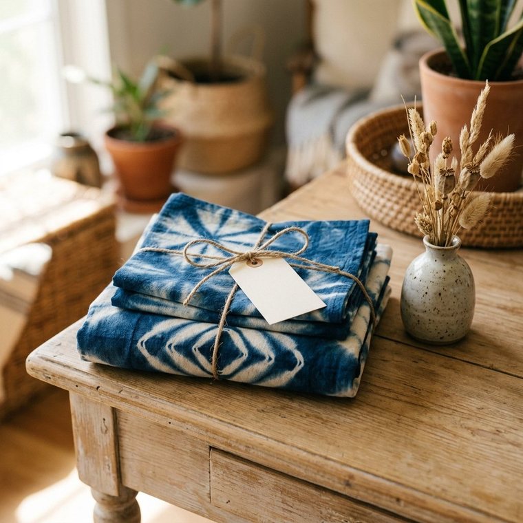 Three folded indigo shibori pieces stacked and tied with jute twine on a wooden console table, ready to give as a gift