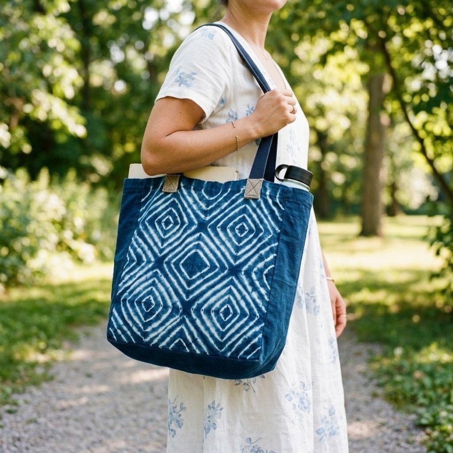 A woman carrying a deep indigo tote bag patterned with crisp white nested diamonds