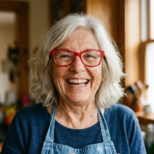 Nora B., a silver-haired woman in a denim apron, laughing in her kitchen