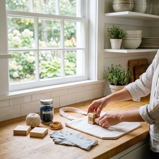 Module 1: indigo powder, twine, rubber bands, wooden blocks and gloves laid out on a sunlit kitchen counter beside a plain cotton tote