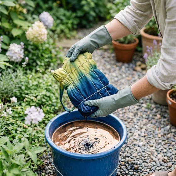 Module 4: gloved hands lifting a bound bundle from a bucket of indigo in a garden, the cloth still yellow-green and turning blue at the edges