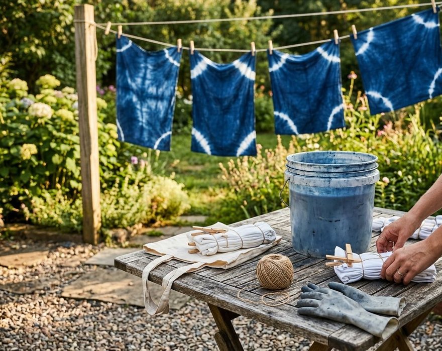 A weathered garden table holding a bucket of indigo, bound white bundles, twine and gloves, with finished indigo cloths pegged to a clothesline behind