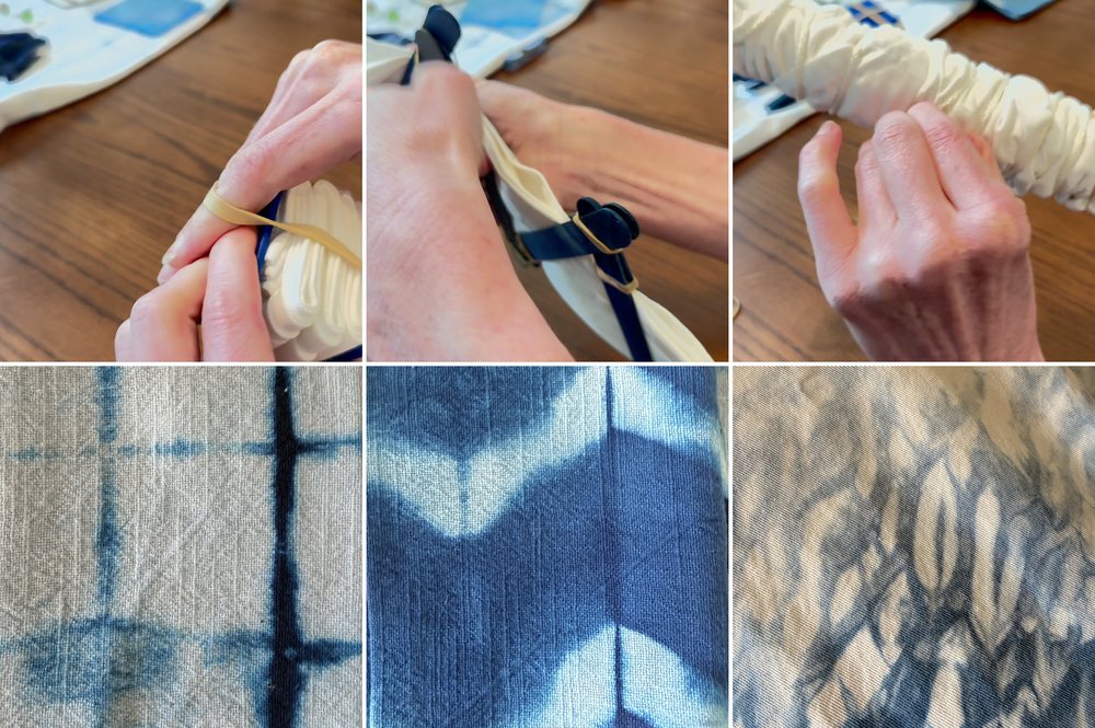 Three bound napkins and their finished patterns: square clamps make a grid, popsicle sticks make chevrons, and a wooden pole makes wavy arashi lines