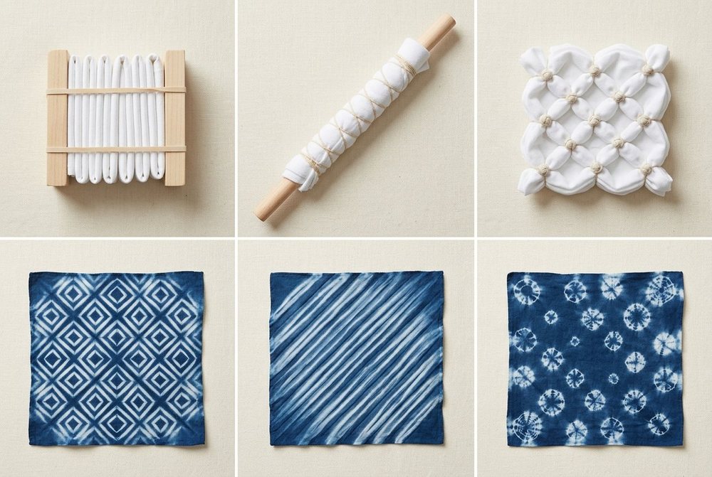 Three white cotton bundles bound three different ways above the three finished indigo swatches each one produced: nested diamonds, diagonal stripes, and scattered starbursts